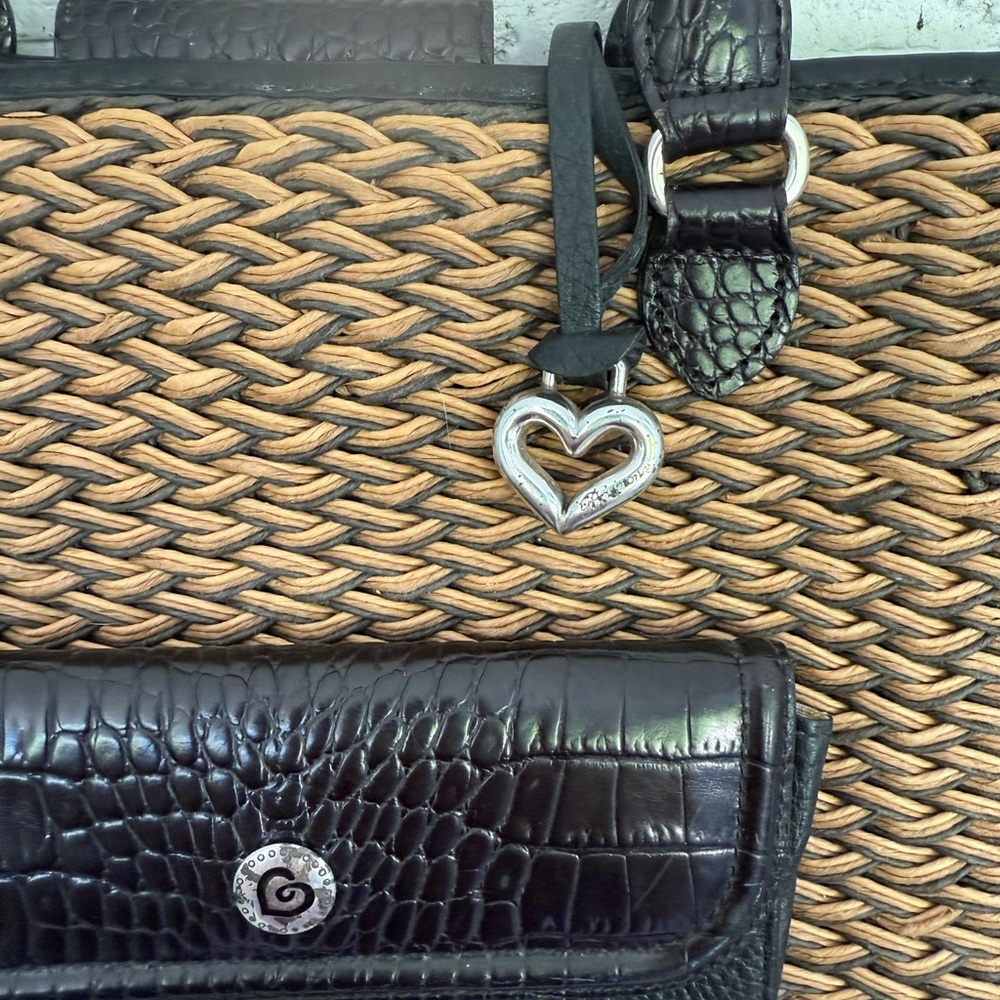 Vintage Brighton Straw & Leather Purse Tote Bag Woven Braided Straps-Tan Black - Picture 4 of 16